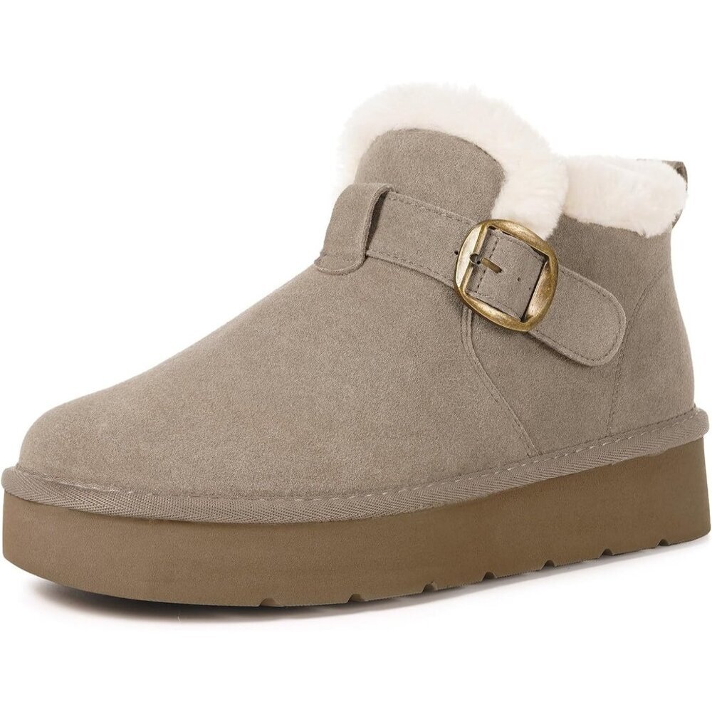Women's Snow Winter Warm Hook Loop Gray Faux Fur Lining Booties Shoes